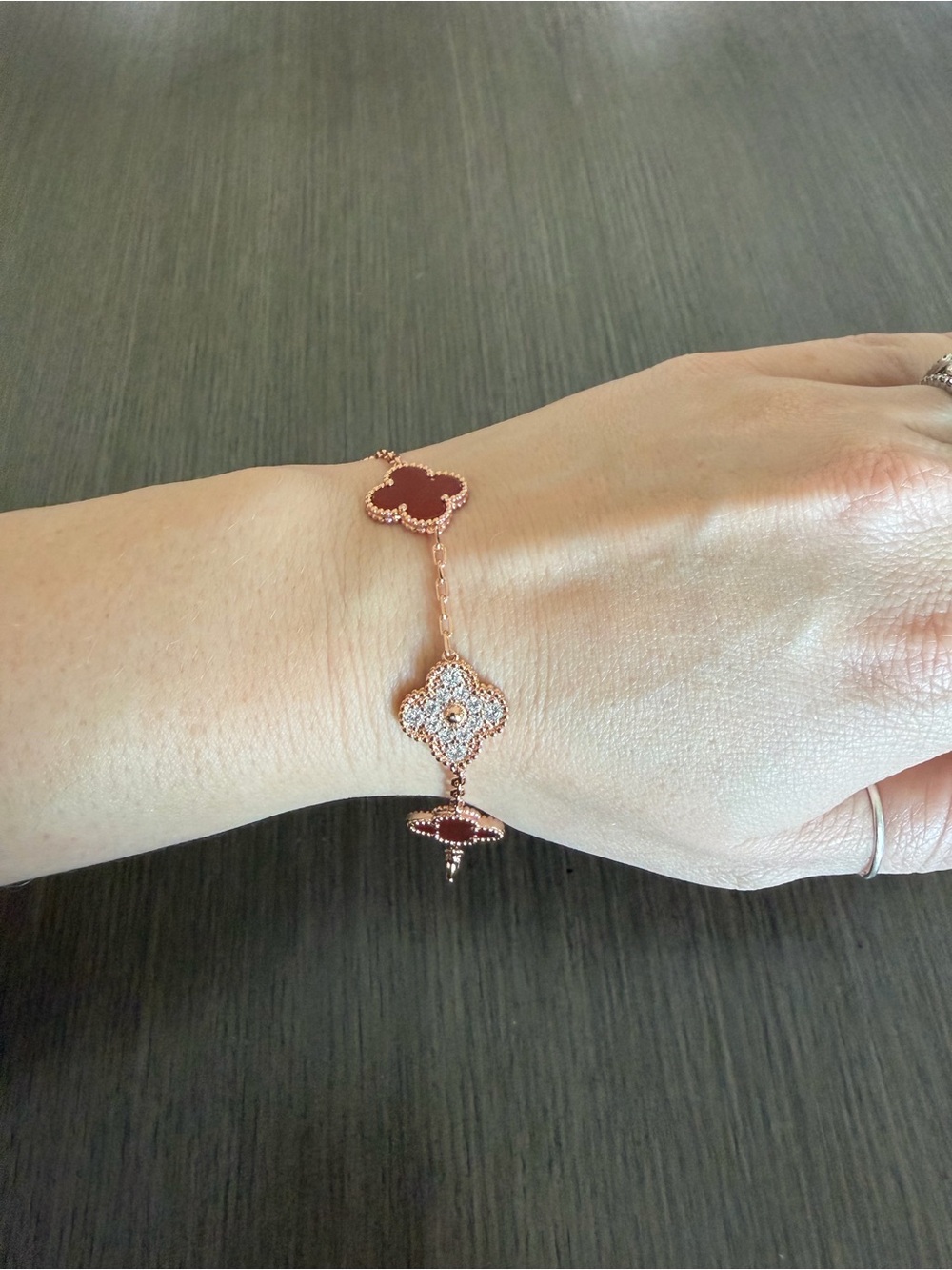 Rose-Gold Clover Bracelet with Red and Pavé Accent